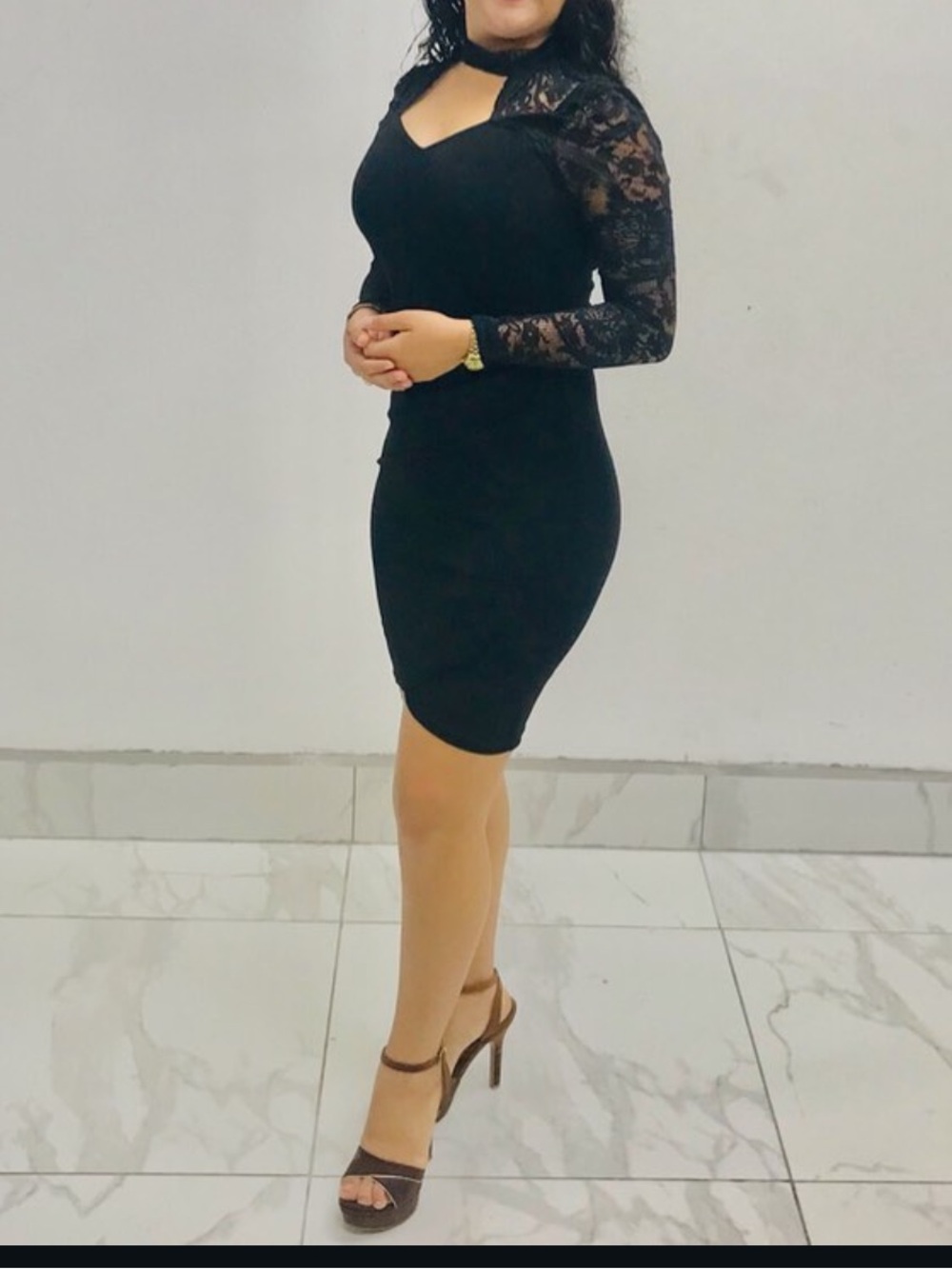 Black Lace Sleeve Bodycon Dress - Unbranded